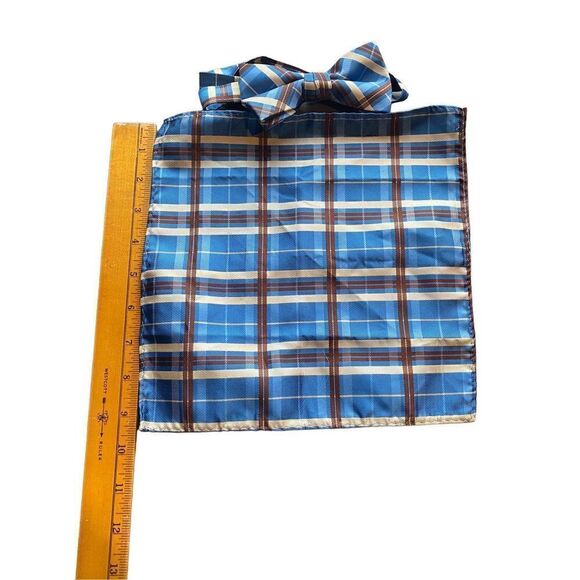 Plaid pocket square adjustable bow tie blue white plaid polyester - Picture 2 of 8